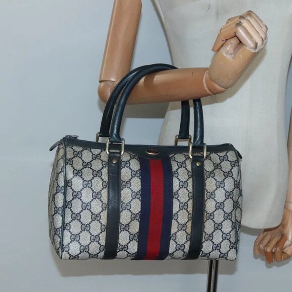 GUCCI GG Supreme Sherry Line Hand Bag PVC Navy Gold Red Auth 134690 - Picture 1 of 16